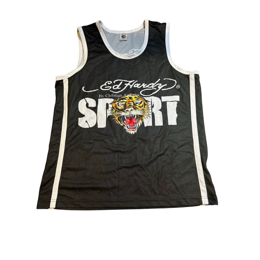 Ed Hardy Sport‎ Black Tiger Graphic Sleeveless Basketball Jersey Tank Top Mens